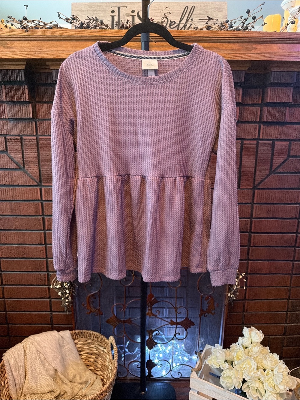 Knox Rose Lavender Waffle Knit Peplum Long Sleeve Top